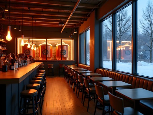 Warm interior of Midnight Sun Brewery in Akureyri with copper brewing tanks and atmospheric lighting