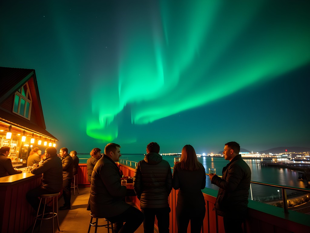 Northern lights visible above Akureyri rooftop bar with patrons watching the sky