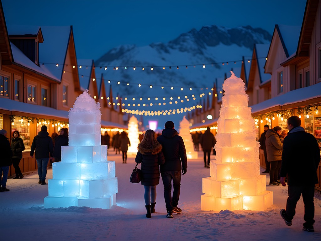 Couples enjoying Akureyri Winter Fest with ice sculptures, fire performers and mulled wine stands