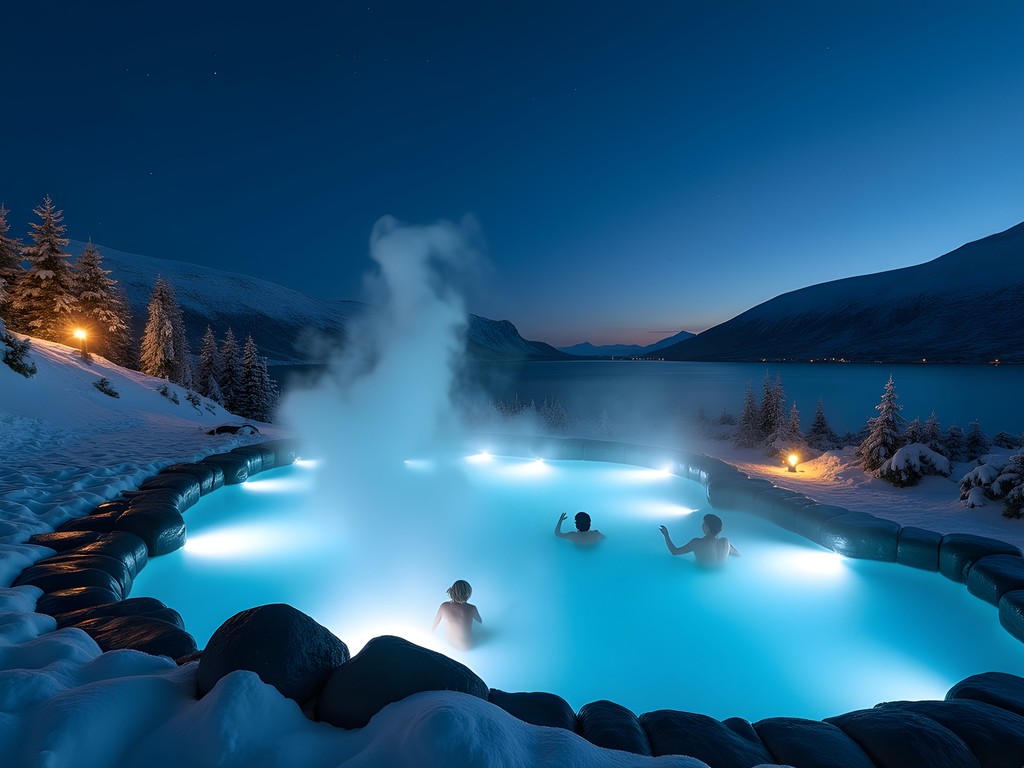 Forest Lagoon geothermal spa near Akureyri at night with steam rising from water