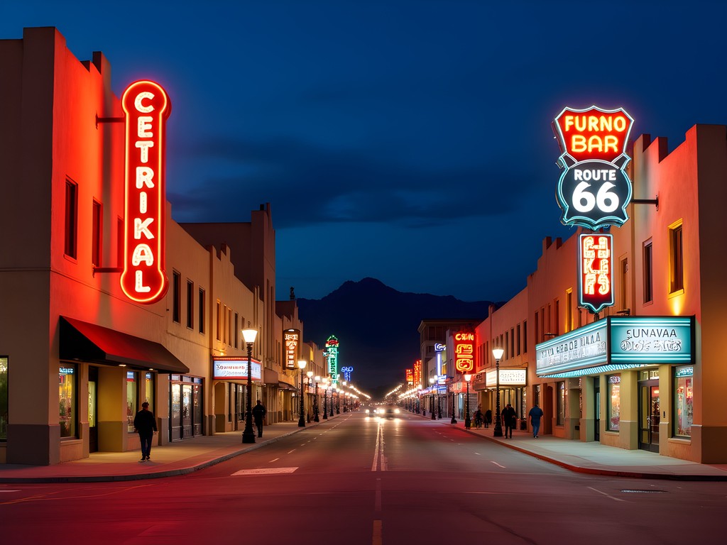 Illuminated view of Central Avenue in Albuquerque at night with neon signs and nightlife activity