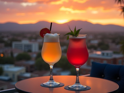 Colorful cocktails on rooftop bar with Sandia Mountains sunset view in Albuquerque