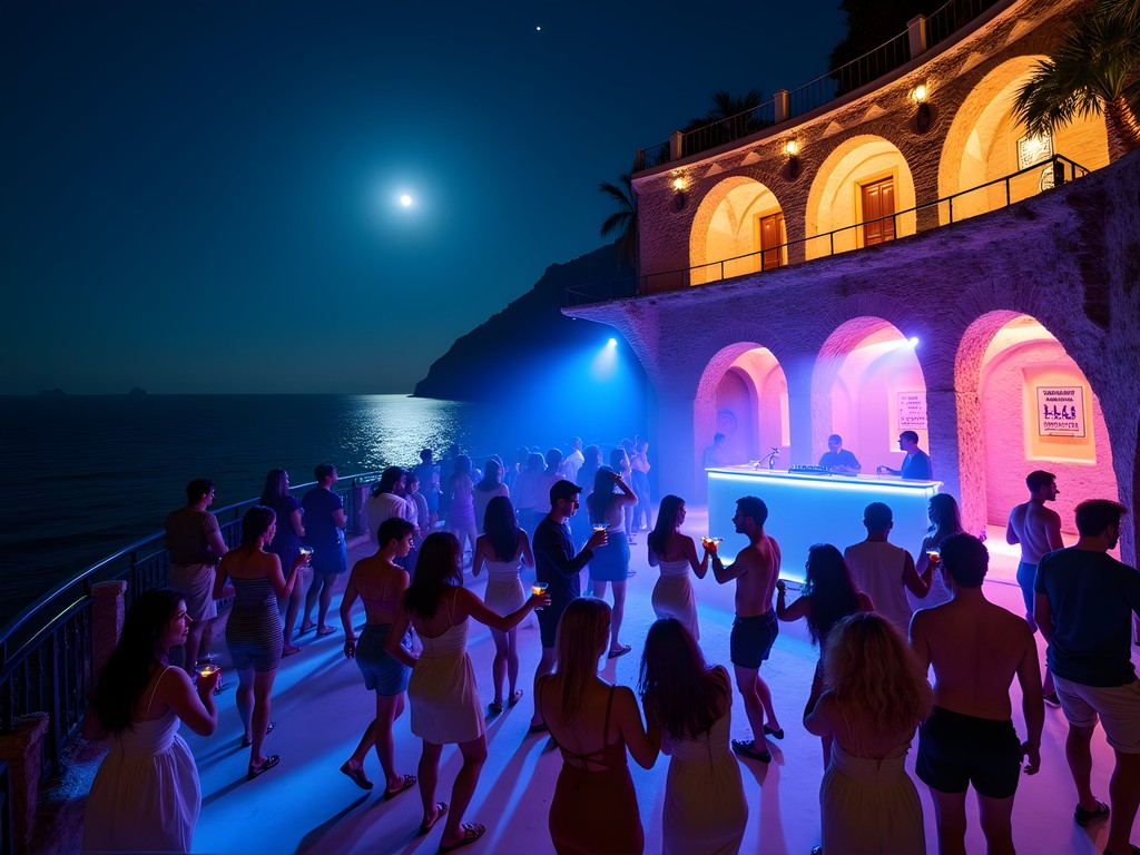Night scene at Africana Famous Club in Praiano with dance floor overlooking the sea