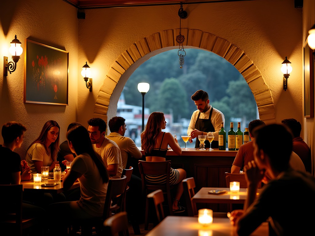 Interior of Masaniello Art Café in Amalfi at night with local crowd