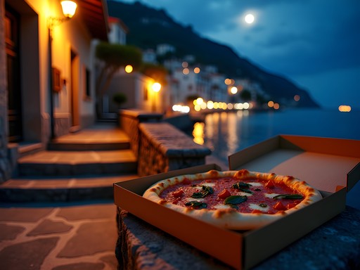 Enjoying late-night pizza on the historic steps of Positano with nighttime view