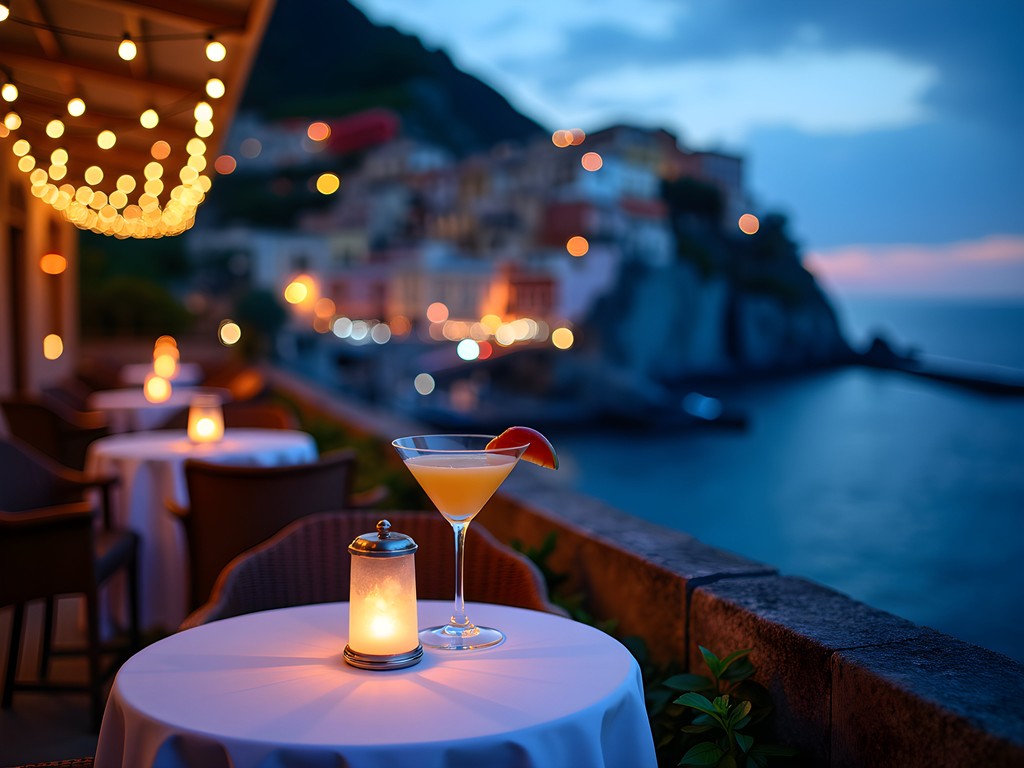 Sunset cocktails at Franco's Bar overlooking Positano and the Mediterranean Sea