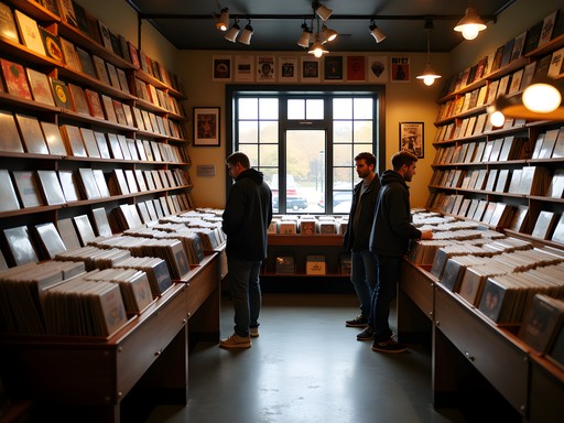 Woman browsing vinyl records in Underground Sounds record shop in Ann Arbor