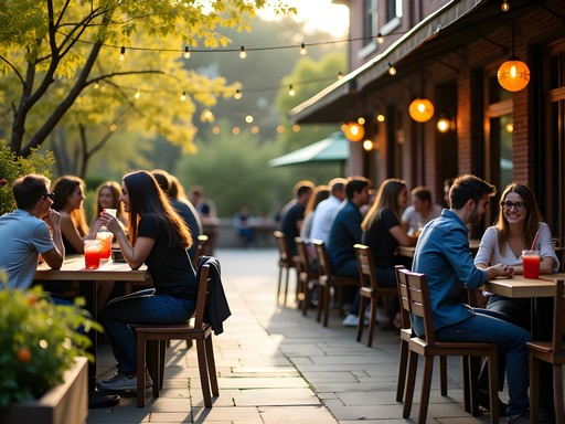 Students enjoying sangria at Dominick's garden patio in early fall in Ann Arbor