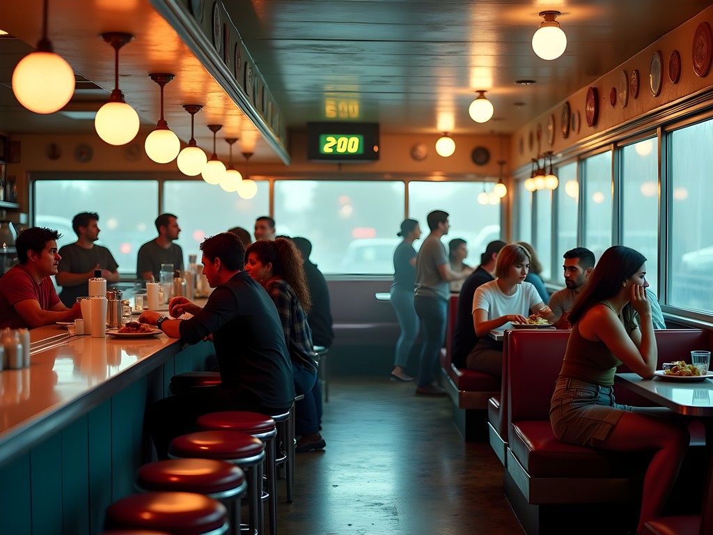 Vibrant scene inside Fleetwood Diner at night with diverse customers enjoying late-night meals