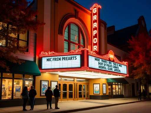 Historic Michigan Theater illuminated at night with marquee lights and students gathering outside