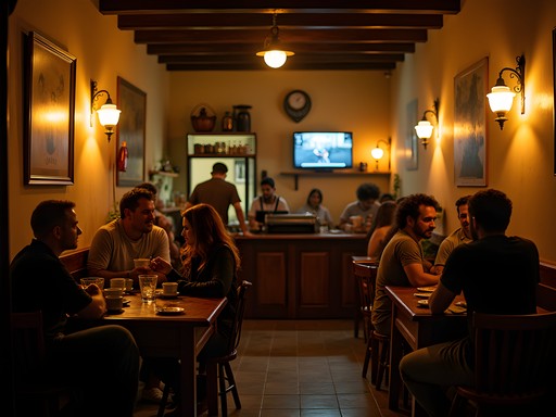 Evening scene at a café in Antsirabe transforming into a nighttime social venue with coffee and rum drinks