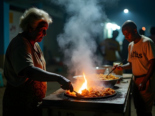 Late-night street food vendor cooking over open flame in Antsirabe with customers gathered around