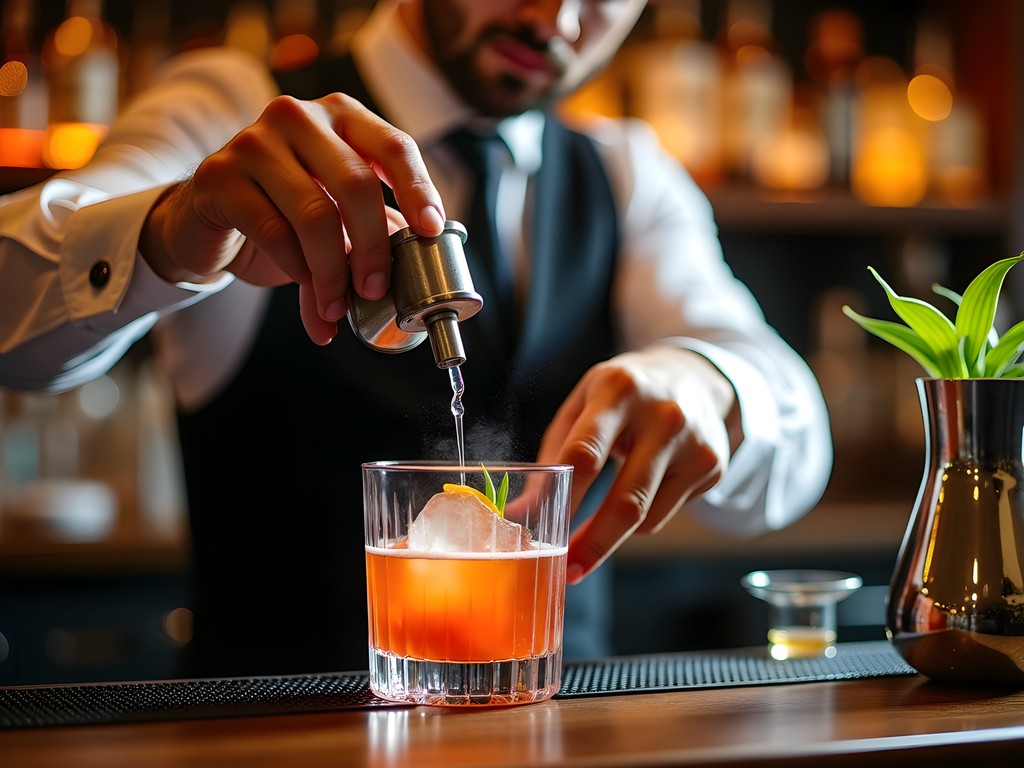 Bartender preparing craft cocktail at upscale Athens bar