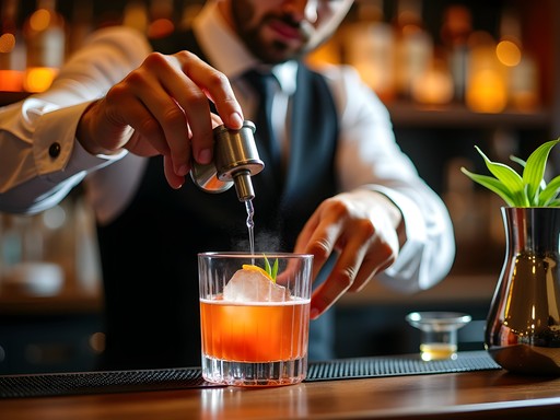 Bartender preparing craft cocktail at upscale Athens bar