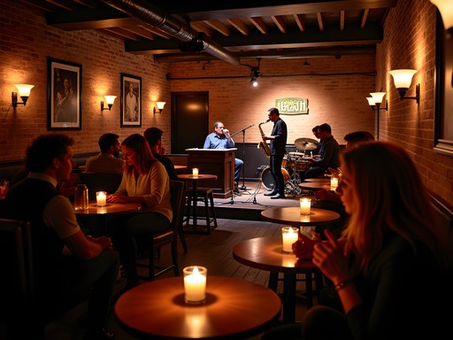 Intimate jazz club in Auburn with moody lighting and live saxophone performance