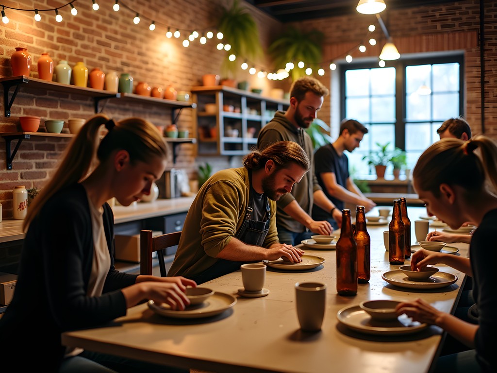 Evening pottery workshop in Auburn with adults enjoying craft beer while creating ceramic pieces
