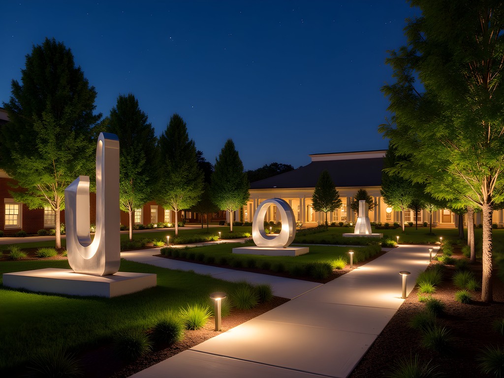 Illuminated sculpture garden at night in Auburn with artistic installations and peaceful atmosphere