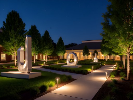 Illuminated sculpture garden at night in Auburn with artistic installations and peaceful atmosphere
