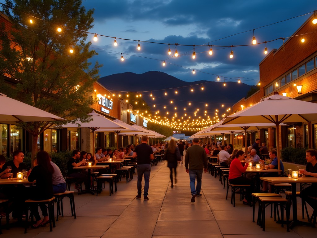 Stanley Marketplace in Aurora, Colorado illuminated at night with outdoor seating and mountain views