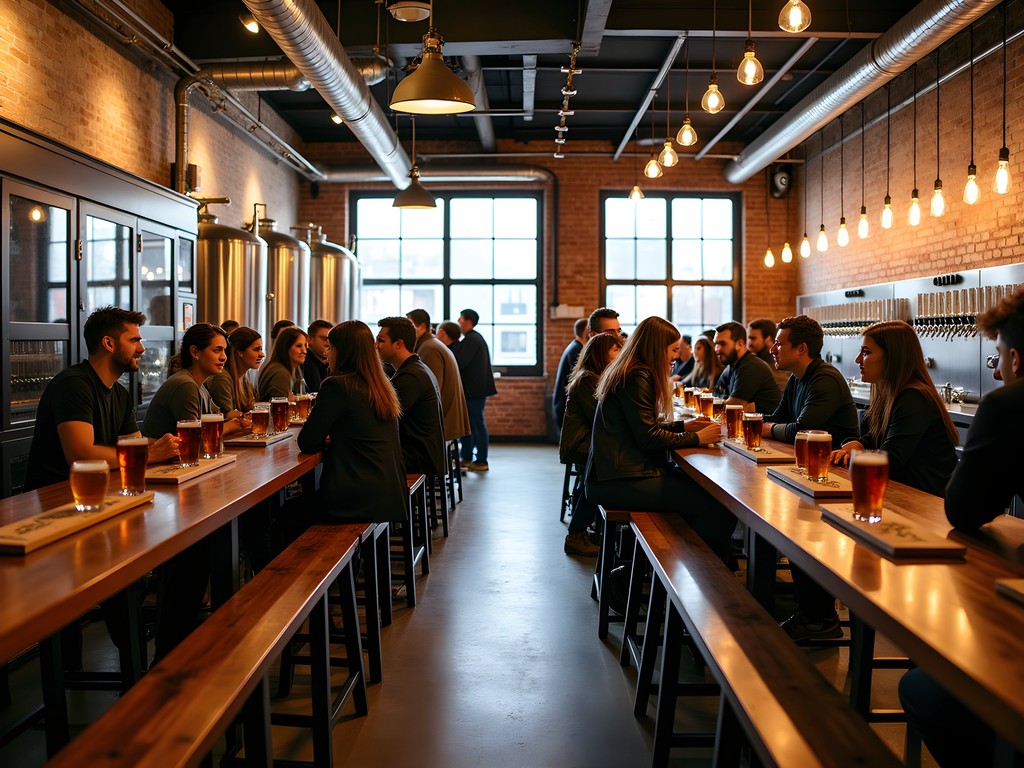 Industrial-chic taproom at Penrose Brewing Company in Aurora with patrons enjoying craft beer flights