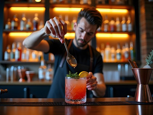 Bartender preparing a craft cocktail at Stolp Island Social in downtown Aurora