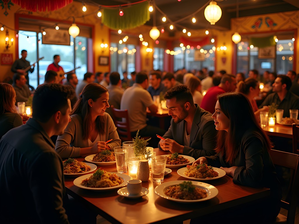 Vibrant late-night dining scene at La Quinta de los Reyes with traditional Mexican dishes and live mariachi music
