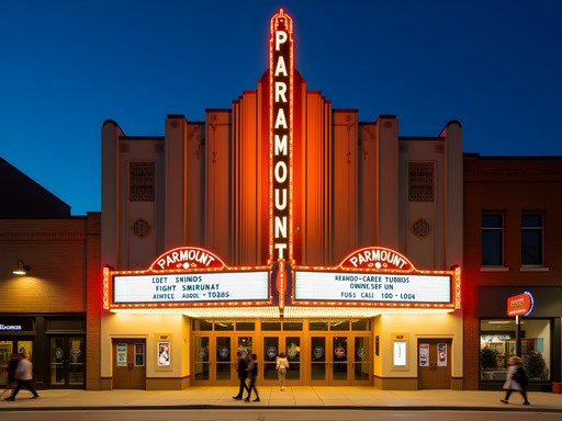 Illuminated Art Deco facade of the historic Paramount Theatre in downtown Aurora at night