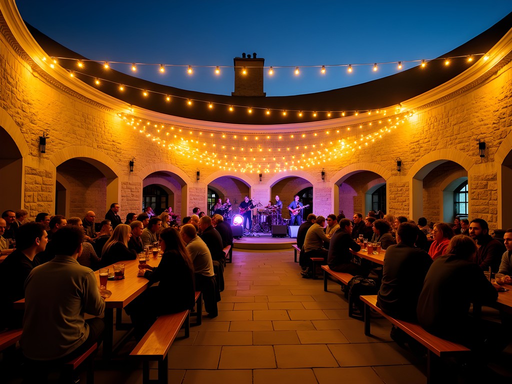 Evening outdoor concert in the stone courtyard of Two Brothers Roundhouse with historic limestone walls and string lights