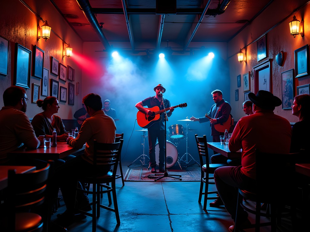 Intimate blues performance in a dimly lit Austin club with couples enjoying the music