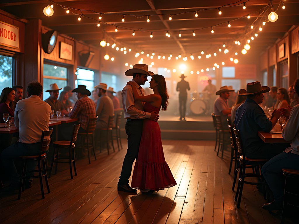 Couples two-stepping at a traditional Austin country dance hall with live band