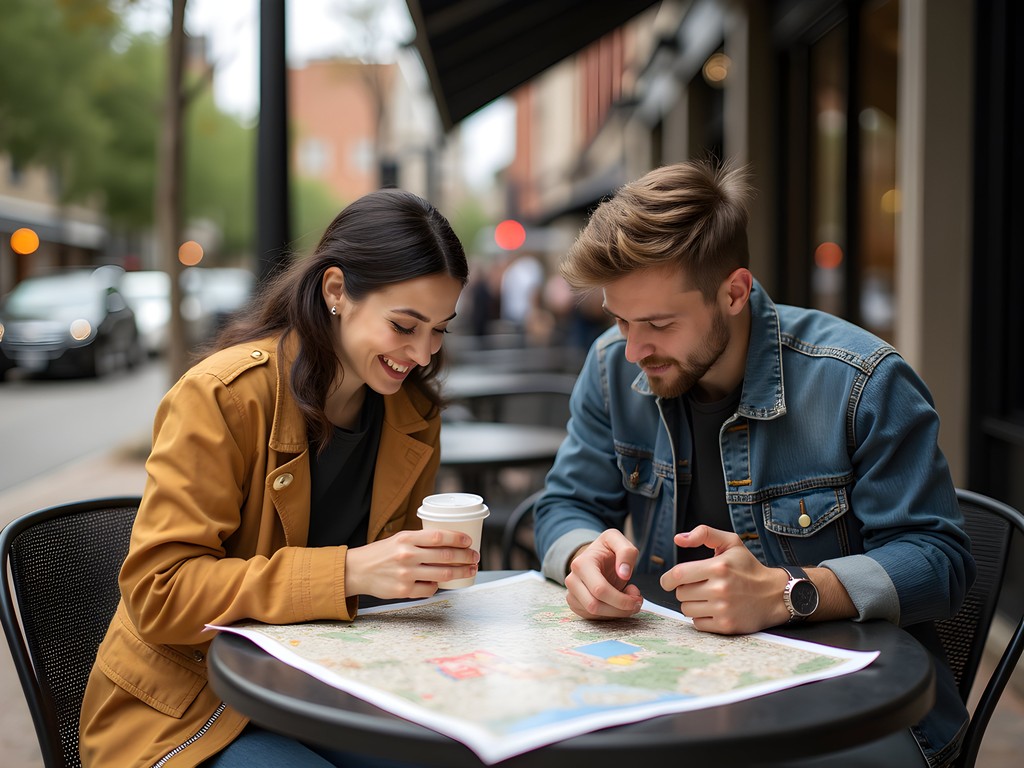 Couple reviewing a map of Austin's 6th Street music venues while enjoying coffee