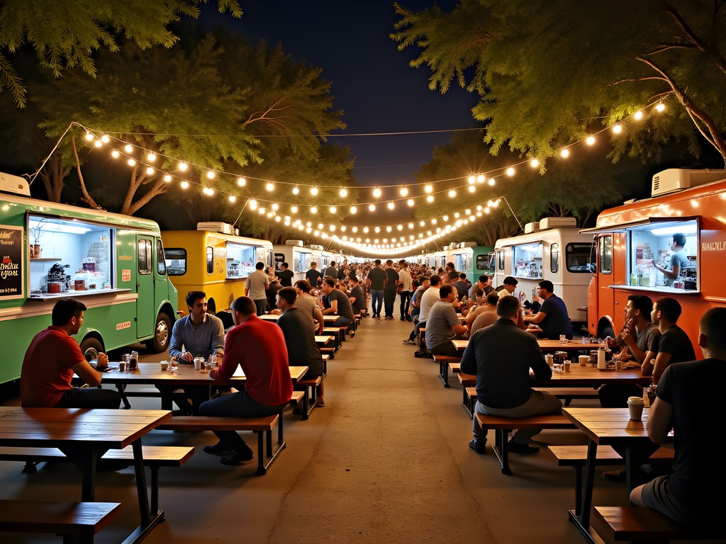 Bustling food truck park in Austin at night with customers and colorful lighting
