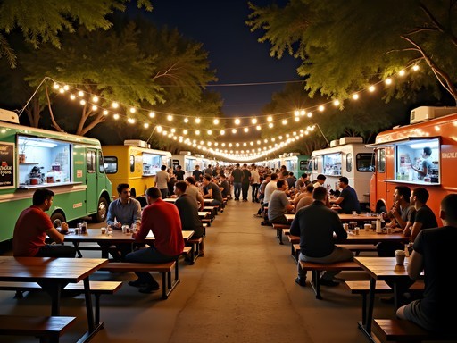 Bustling food truck park in Austin at night with customers and colorful lighting