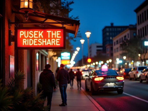 Designated rideshare pickup zone in downtown Austin at night with waiting passengers
