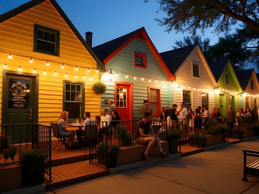 Converted bungalows on Rainey Street with outdoor patios and string lights