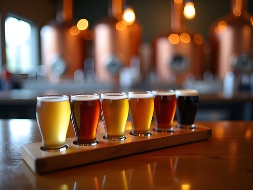 Craft beer tasting flight at a premium Bangalore microbrewery with ambient lighting