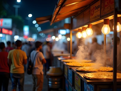 Vibrant late-night street food scene in Bangalore with illuminated food stalls and local patrons