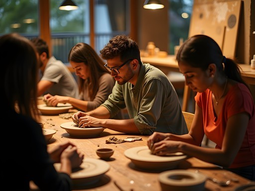 Evening pottery workshop in Bangalore with creative professionals engaging in mindful craft activities