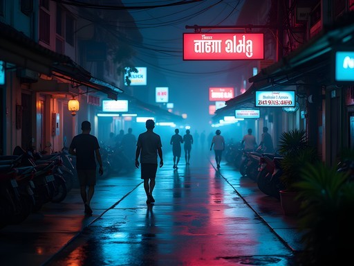 Atmospheric late-night street scene in Bangkok with neon lights and night owls