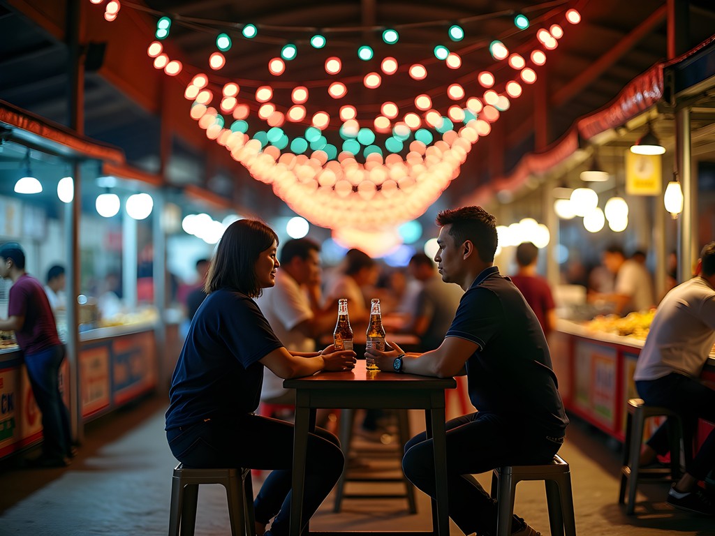 Colorful Bangkok night market street bar with locals and travelers enjoying drinks