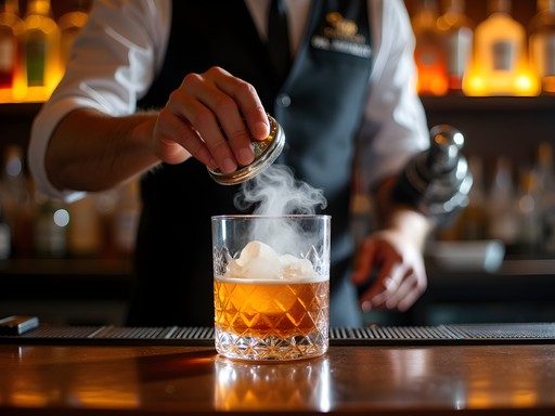 Bartender carefully preparing a craft cocktail with smoke infusion at an upscale Baton Rouge bar