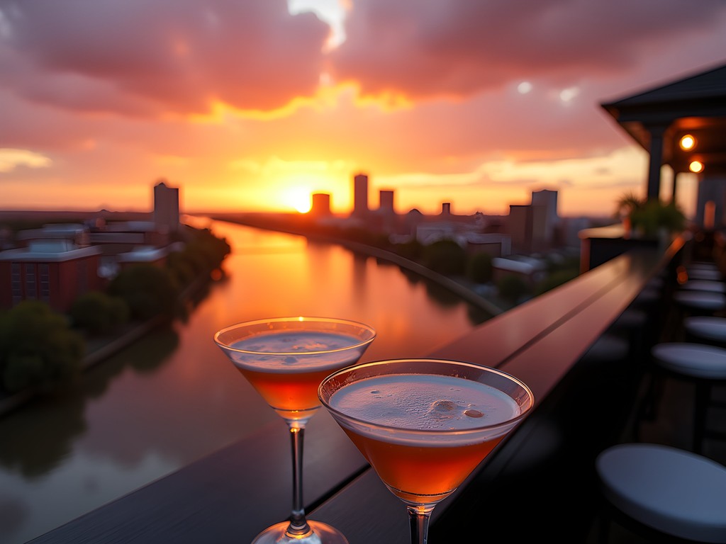 Sunset view from a rooftop bar overlooking downtown Baton Rouge and the Mississippi River