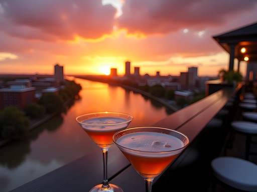 Sunset view from a rooftop bar overlooking downtown Baton Rouge and the Mississippi River