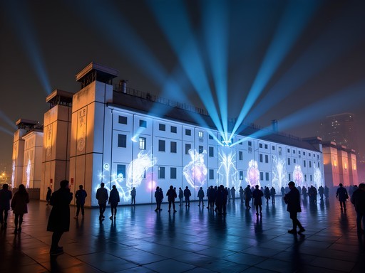 Interactive light installation in Beijing's 798 Art District at night with clubgoers