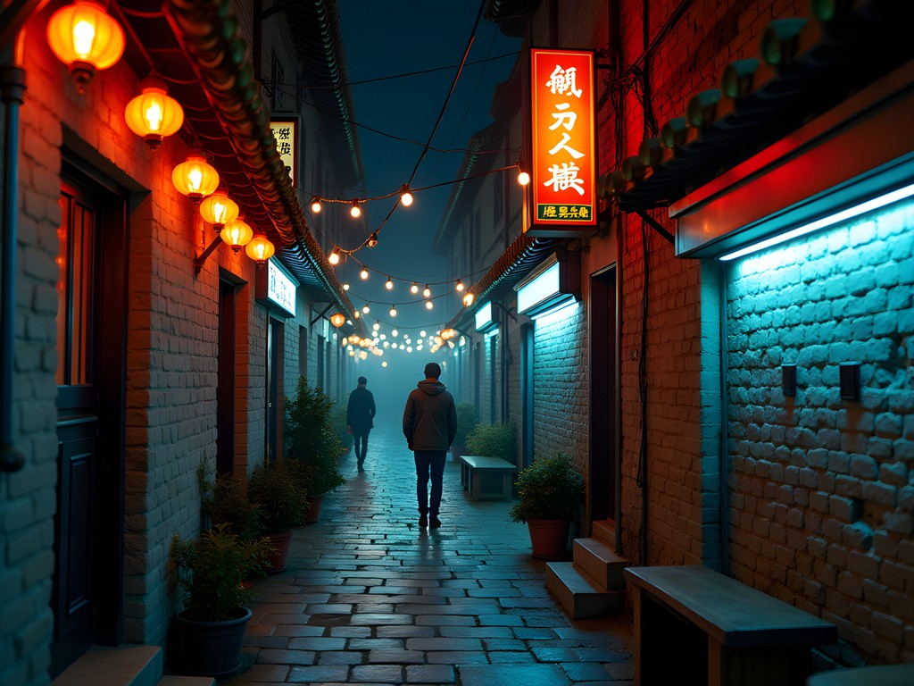 Narrow illuminated hutong alley in Gulou district with hidden bar entrances