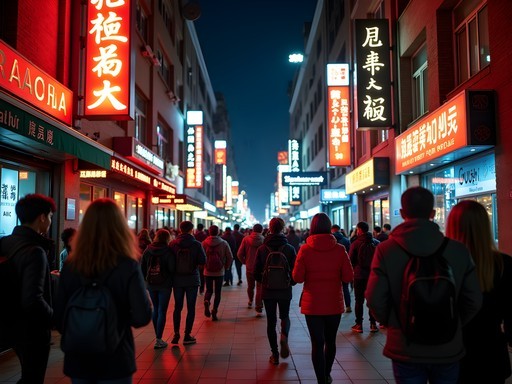 Crowded student nightlife scene in Beijing's Wudaokou district showing international crowd