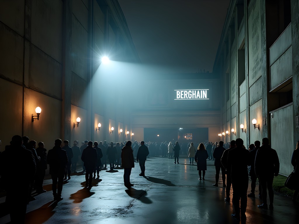 The imposing exterior of Berghain nightclub in Berlin at night