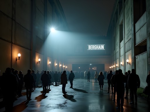 The imposing exterior of Berghain nightclub in Berlin at night