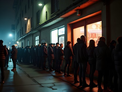 People waiting in line outside a Berlin nightclub after dark