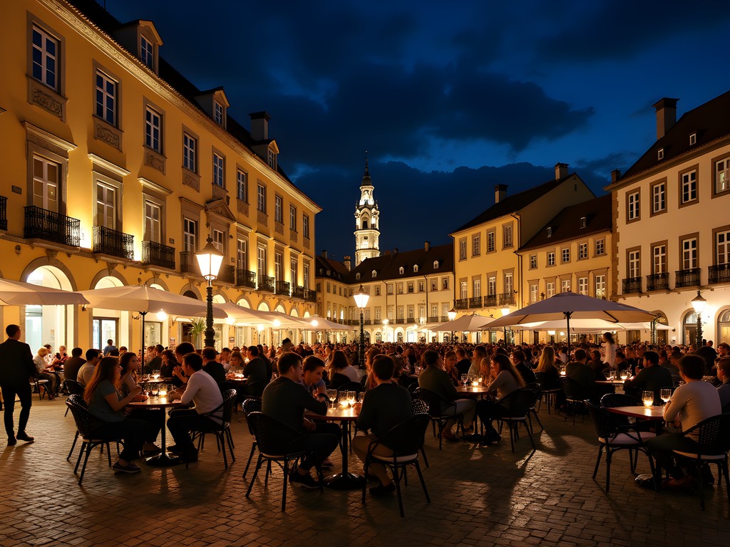 Students enjoying nightlife in Braga's historic square with illuminated baroque architecture